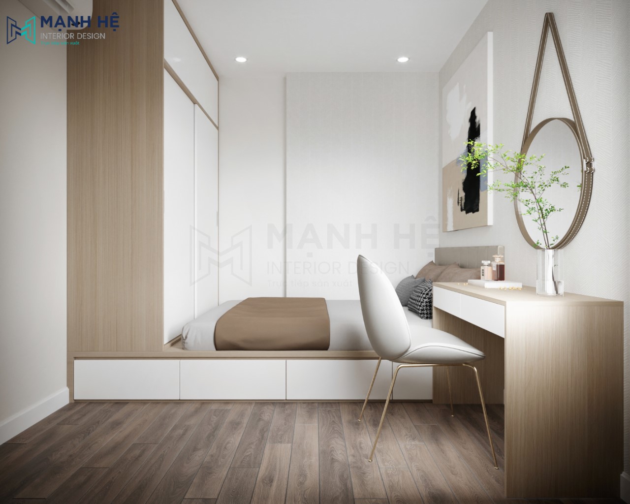 Thiết kế phòng ngủ 5m2 có giường bục đa năng với phong cách tối giản