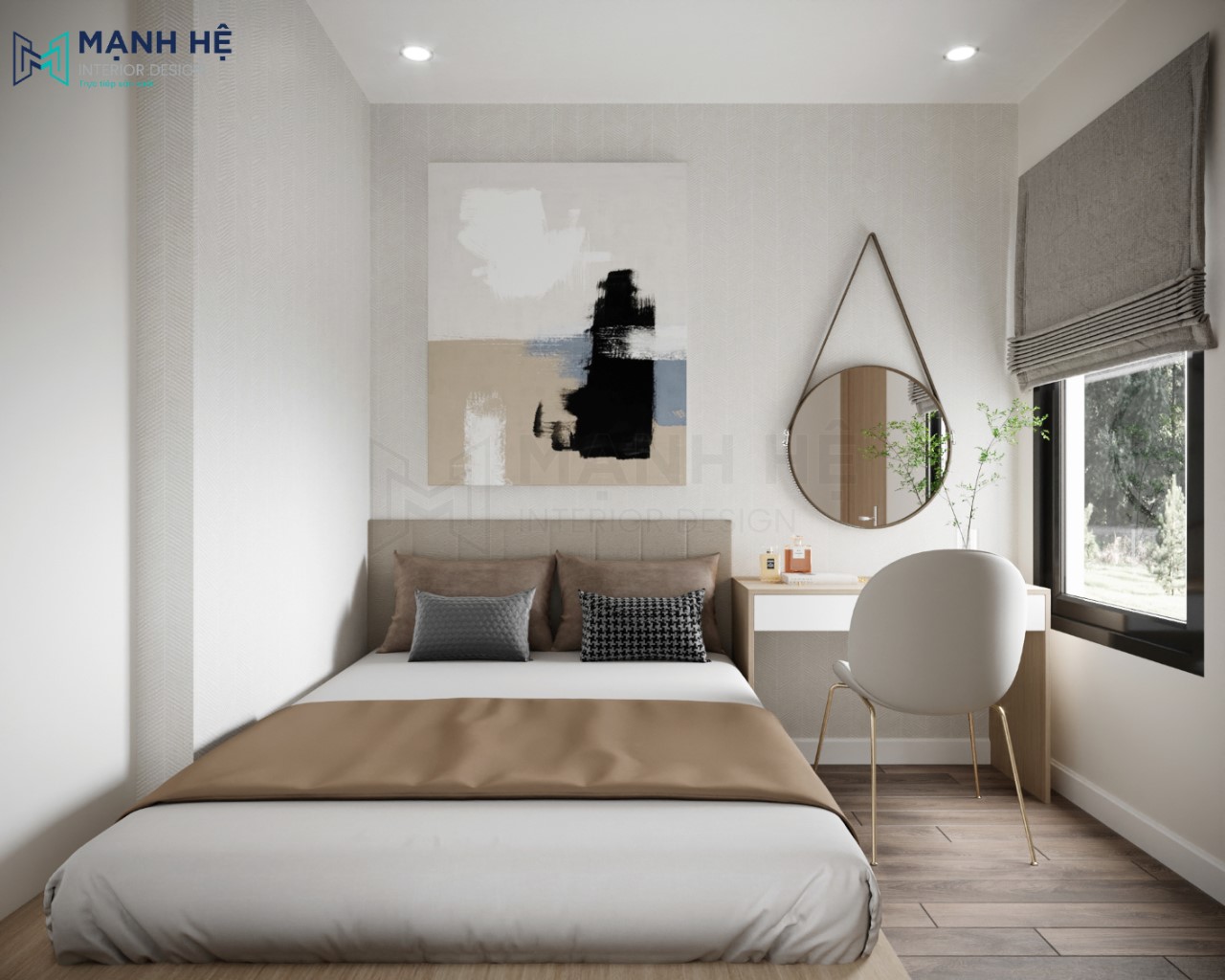 Bàn trang điểm nhỏ đơn giản đặt cạnh cửa sổ giúp đón trọn vẹn nguồn ánh sáng tự nhiên