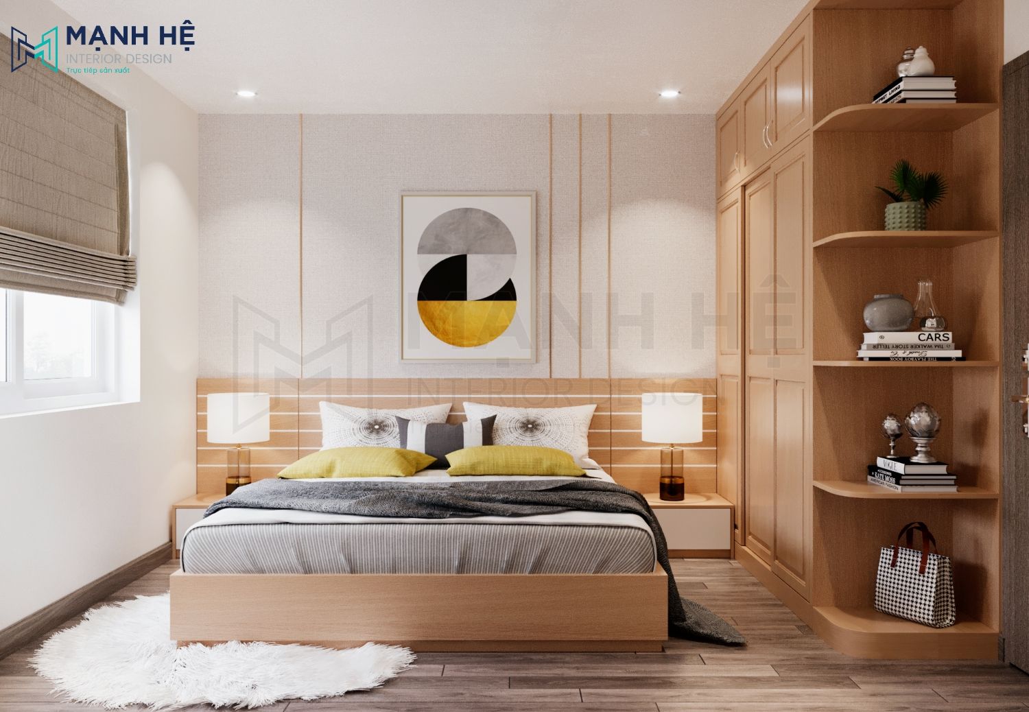 Thiet Ke Chung Cu Tường đầu giường chạy đường ron vàng sang trọng. Vách ốp gỗ đầu giường có chỉ trắng sáng tạo