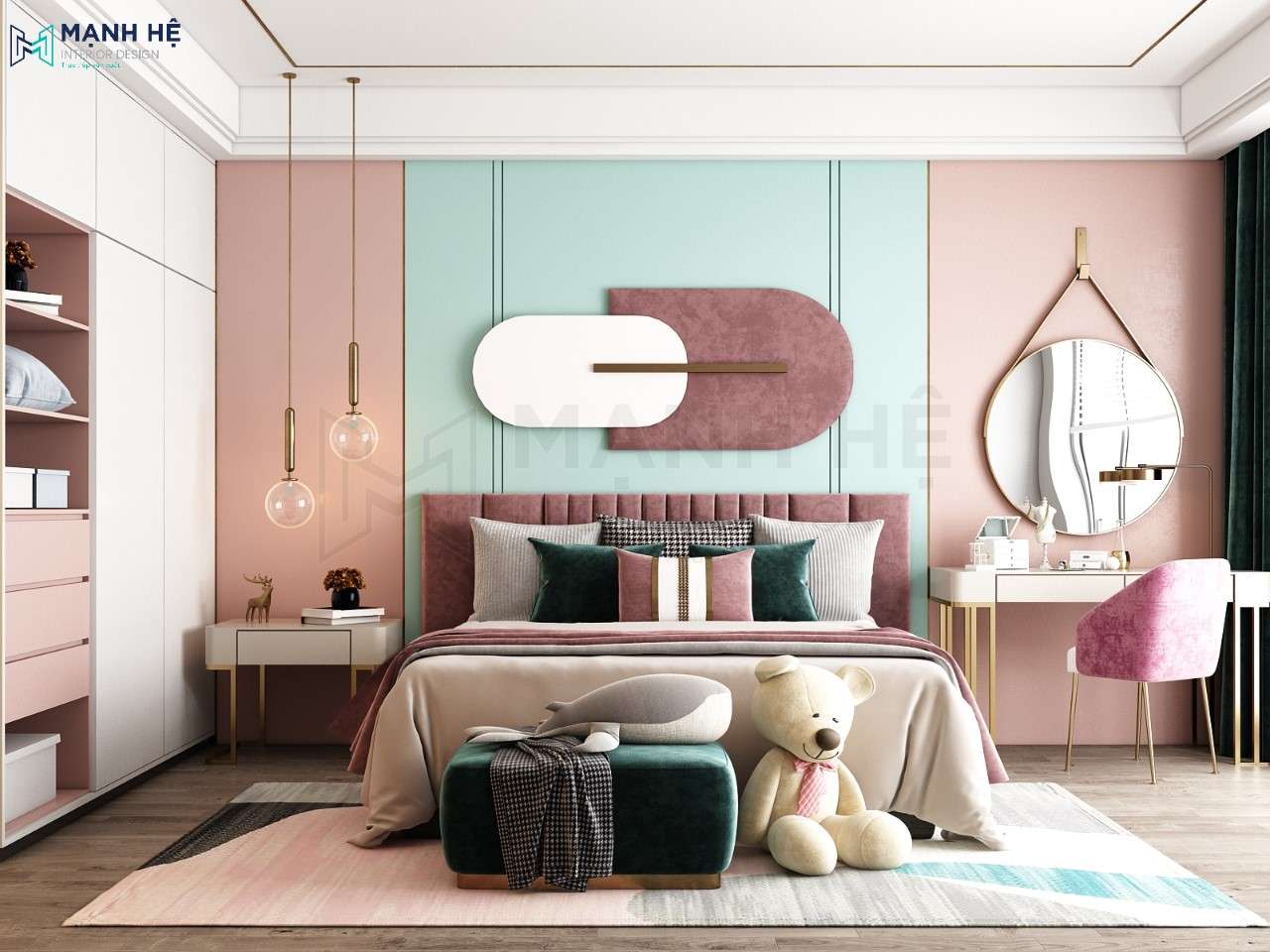 Cách phối màu ấn tượng là điểm nhấn chính đầy cuốn hút của phòng ngủ phong cách Color Block này