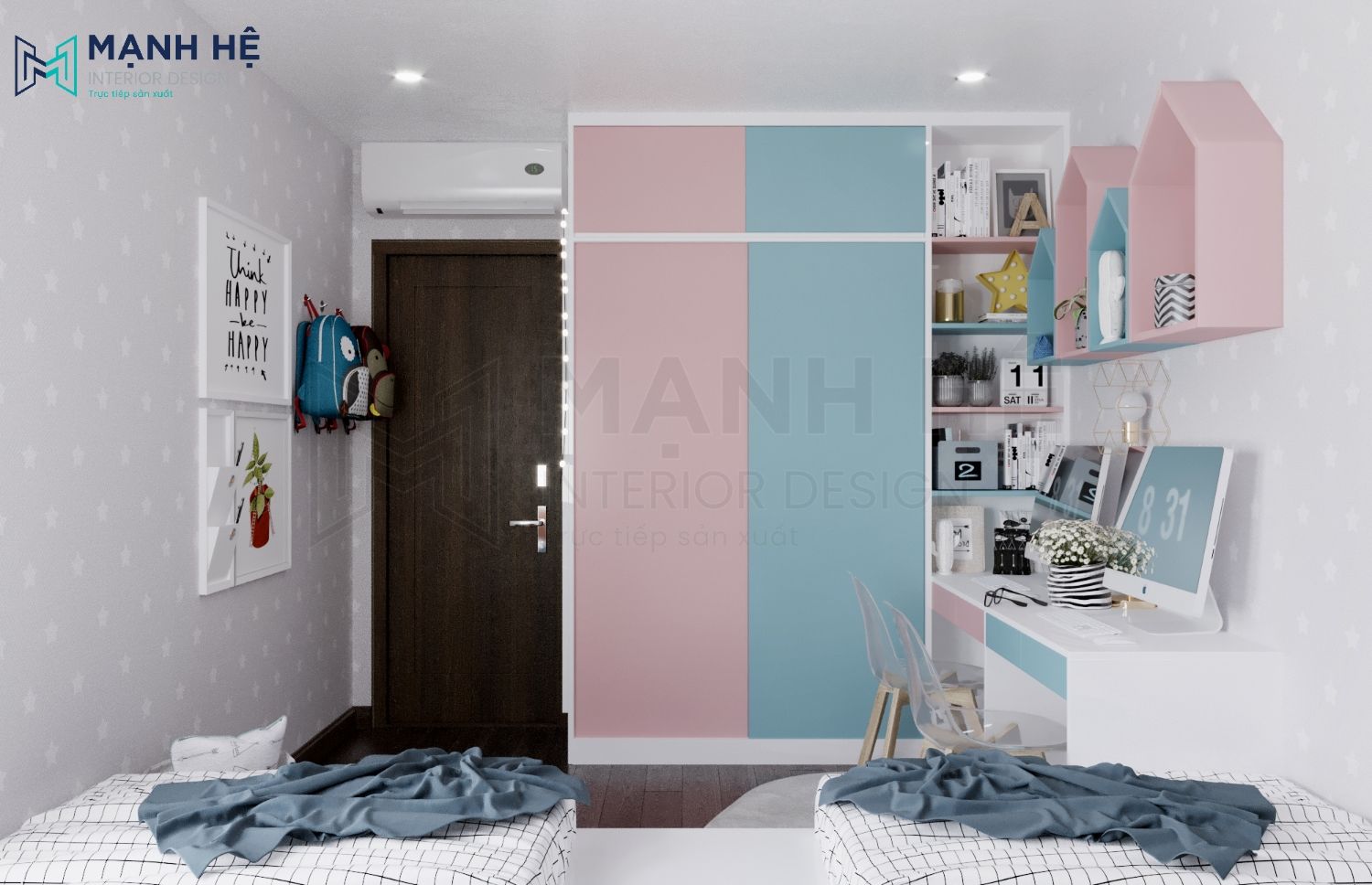 Mẫu thiết kế nội thất phòng ngủ màu nhẹ nhàng cho bé gái