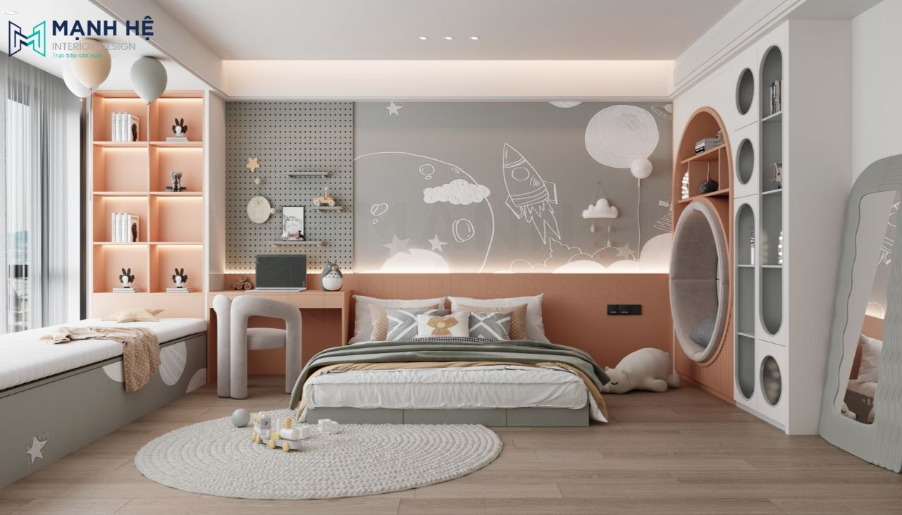 Decor phòng ngủ thêm ấn tượng với các họa tiết từ giấy dán tường và đồ chơi xin xắn