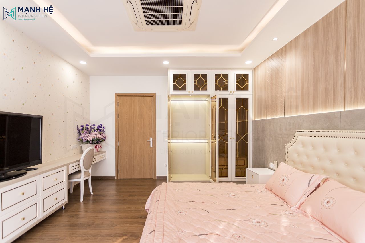 Thi công nội thất kệ tivi nối liền bàn làm việc trong phòng ngủ