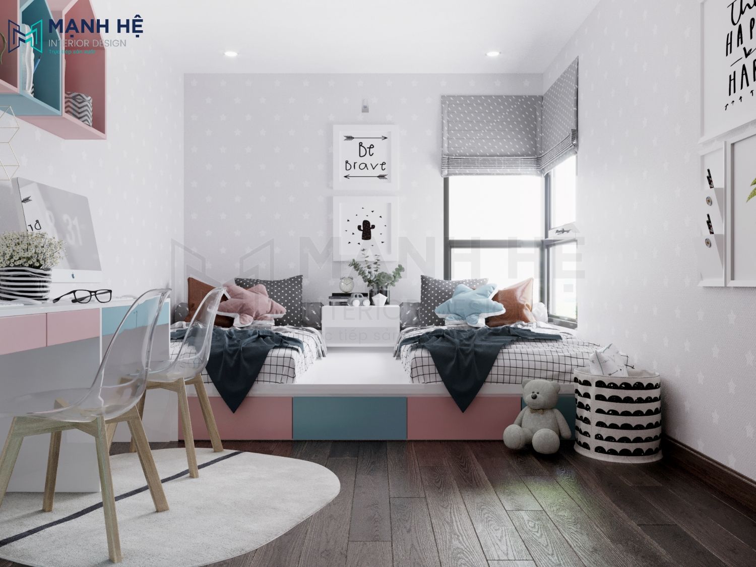 Mẫu thiết kế nội thất phòng ngủ màu nhẹ nhàng cho bé gái