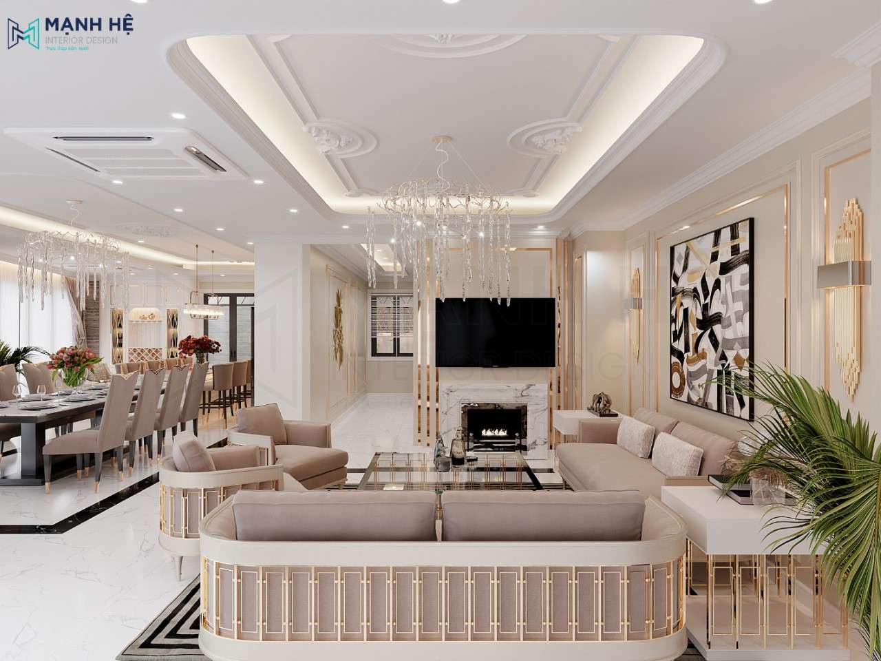 Nội thất phòng khách liền bếp được thiết kế cao cấp, sang trọng nhưng vô cùng tinh tế