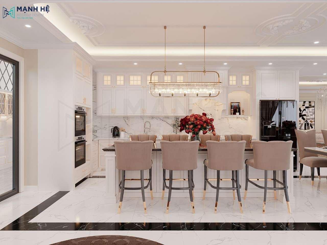 Thiết kế hệ tủ bếp chữ L màu trắng với các đường pano không khỏi làm mọi người choáng ngợp khi nhìn vào