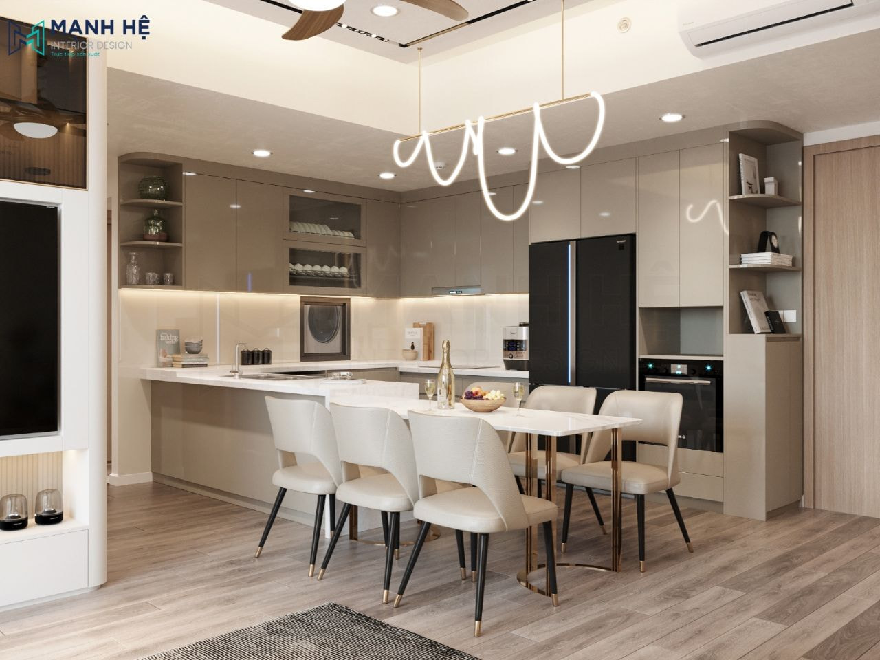 Phòng bếp được thiết kế bàn đảo bếp nối liền bàn ăn tiện nghi