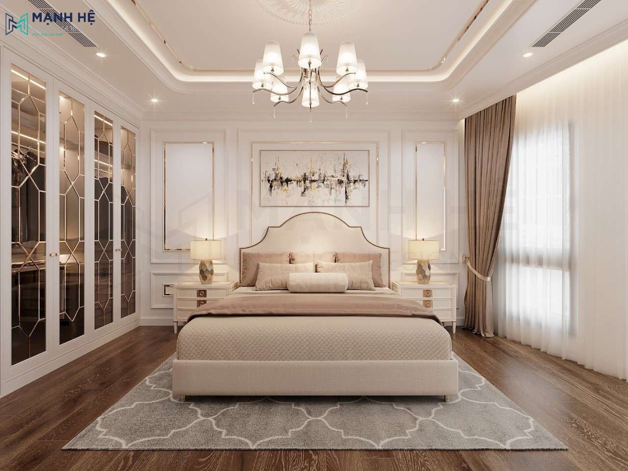 Căn phòng ngủ được thiết kế ấn tượng bằng đồ nội thất chạy chỉ vàng cao cấp