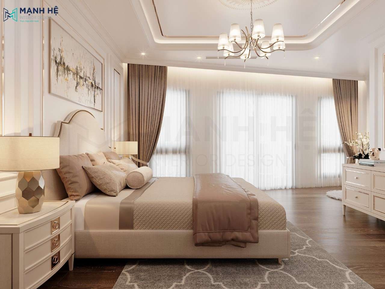 Chiếc giường ngủ bọc đệm và da mang đậm chất đặc điểm của phong cách tân cổ điển