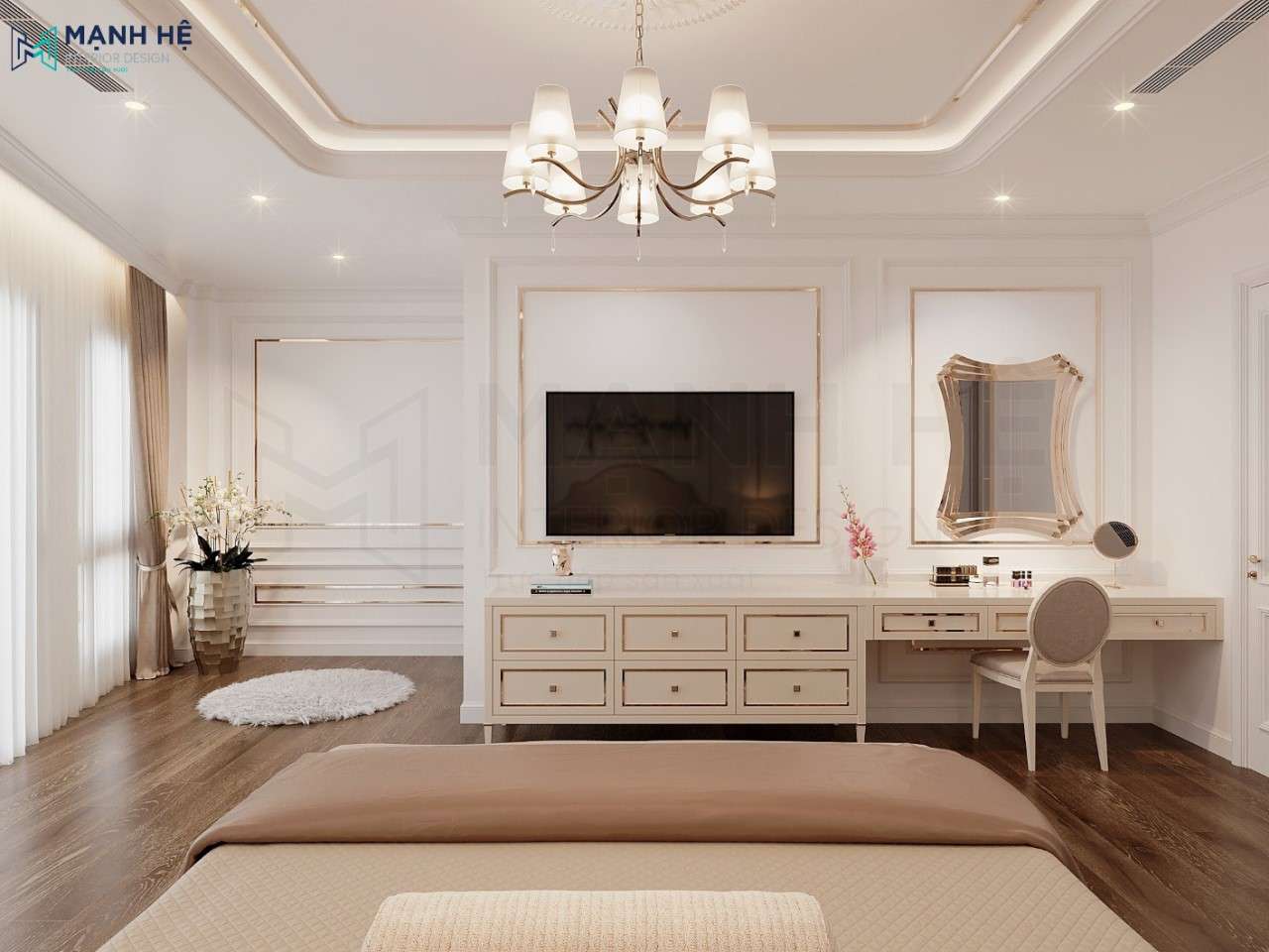 Thiết kế hệ tủ tivi nối liền bàn trang điểm trang trí bằng chiếc gương hình chữ nhật độc đáo