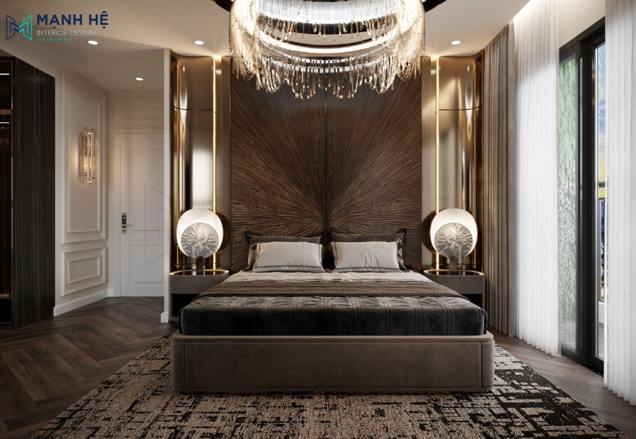 Mẫu thiết kế phòng ngủ phong cách Luxury được ứng dụng cho nội thất phòng ngủ 20m2 có phòng thay đồ