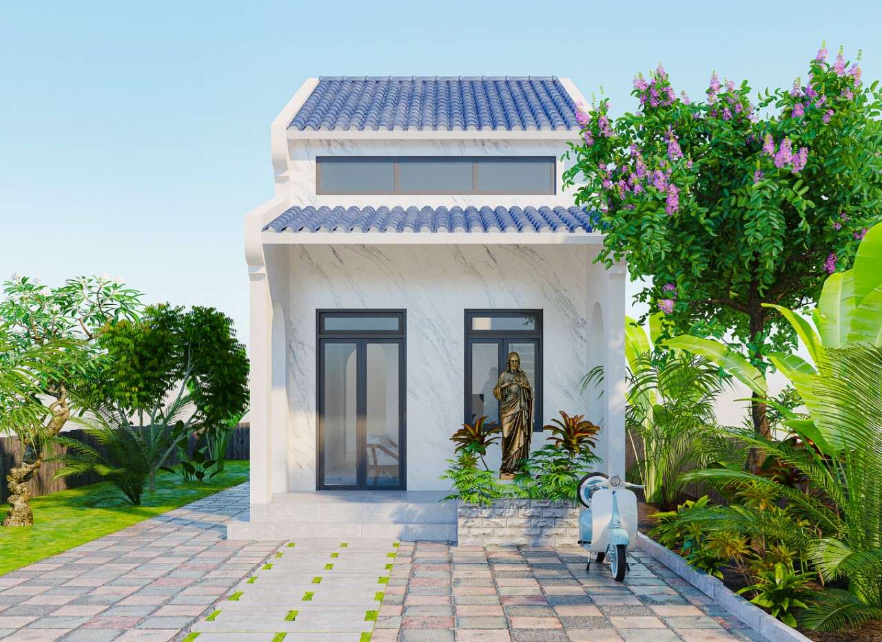 Mẫu 20: Mẫu nhà cấp 4 có gác lửng 5x16 mái thái bố trí ở khu vực thoáng mát
