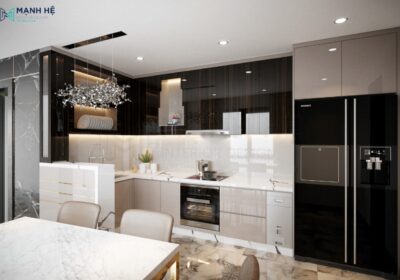 Phối màu đen và be sang trọng cho hệ tủ bếp acrylic sang trọng