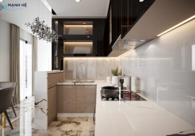 Phối màu đen và be sang trọng cho hệ tủ bếp acrylic sang trọng