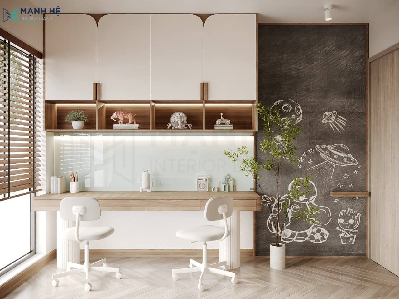 Góc học tập được thiết kế tinh giản dành cho các bé