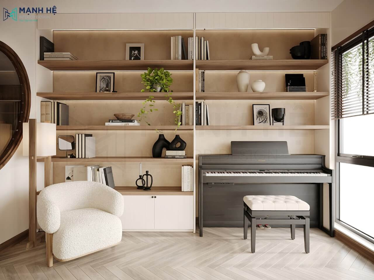 Căn phòng được bố trí thêm 1 cây đàn piano một cách vừa vặn mà không chiếm diện tích