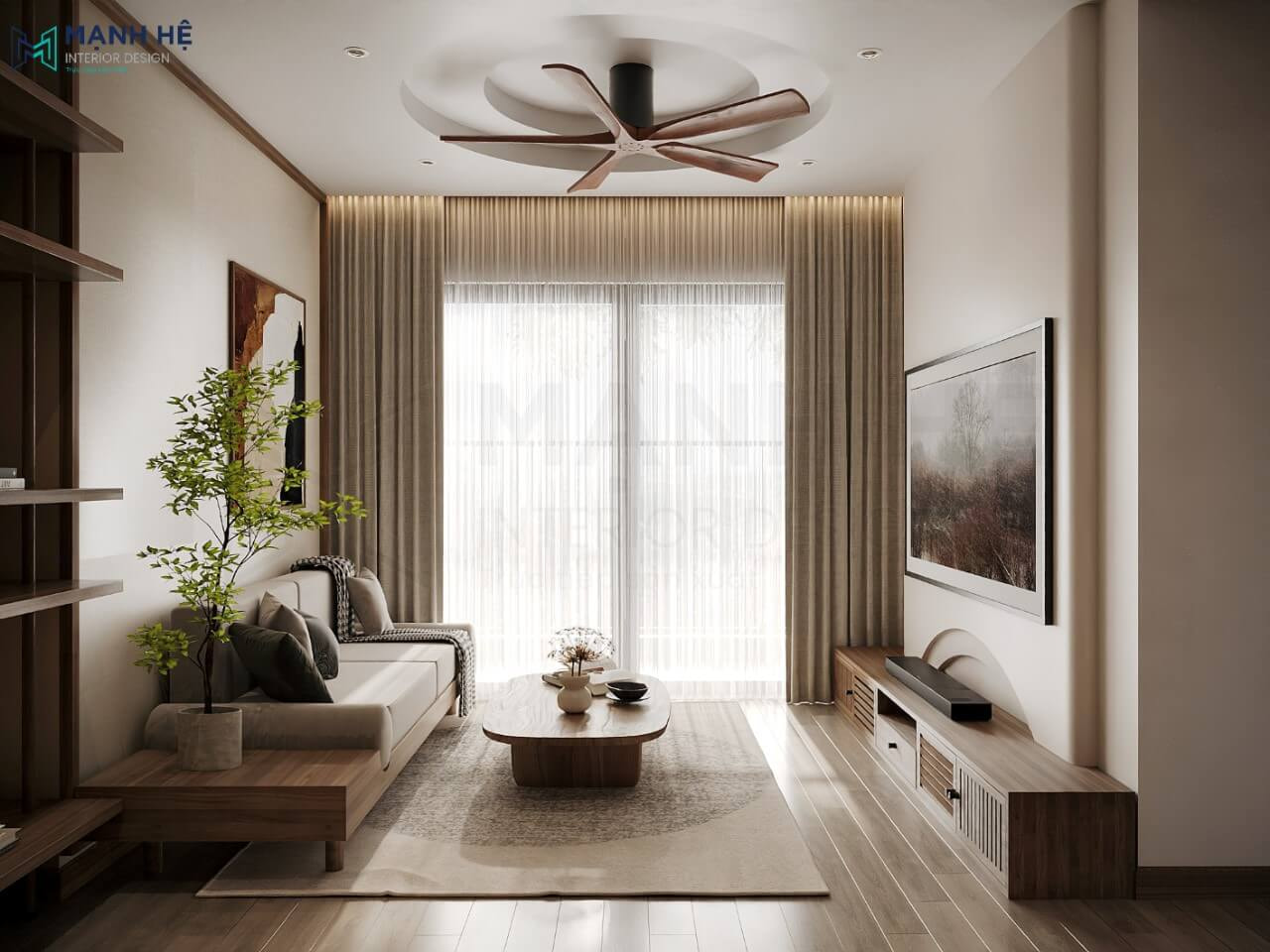 Tổng quan không gian phòng khách liền bếp chung cư sử dụng nội thất gỗ