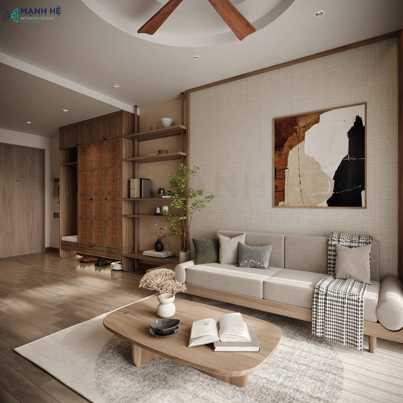 Vách tường sử dụng giấy dán tường vân vải kết hợp treo tranh nghệ thuật độc đáo