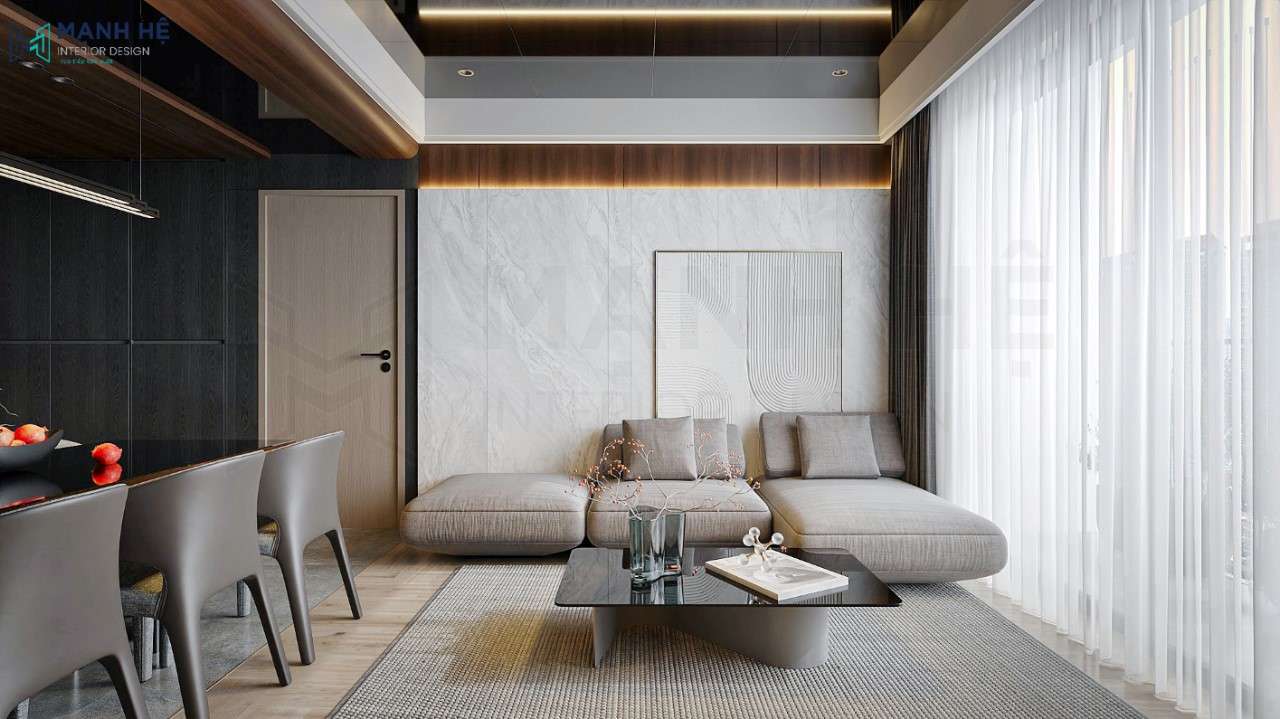 Vách ốp PVC phối gỗ sau sofa kết hợp cùng tranh nghệ thuật giúp tổng quan không gian phòng khách sang trọng, ấn tượng hơn