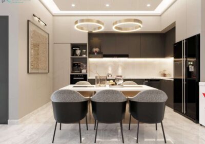 Thiết kế không gian phòng bếp nhà ống đầy ấn tượng và hệ tủ bếp được thiết kế dạng âm tường giúp tối ưu diện tích cùng hệ đèn led âm làm không gian được tươi sáng hơn