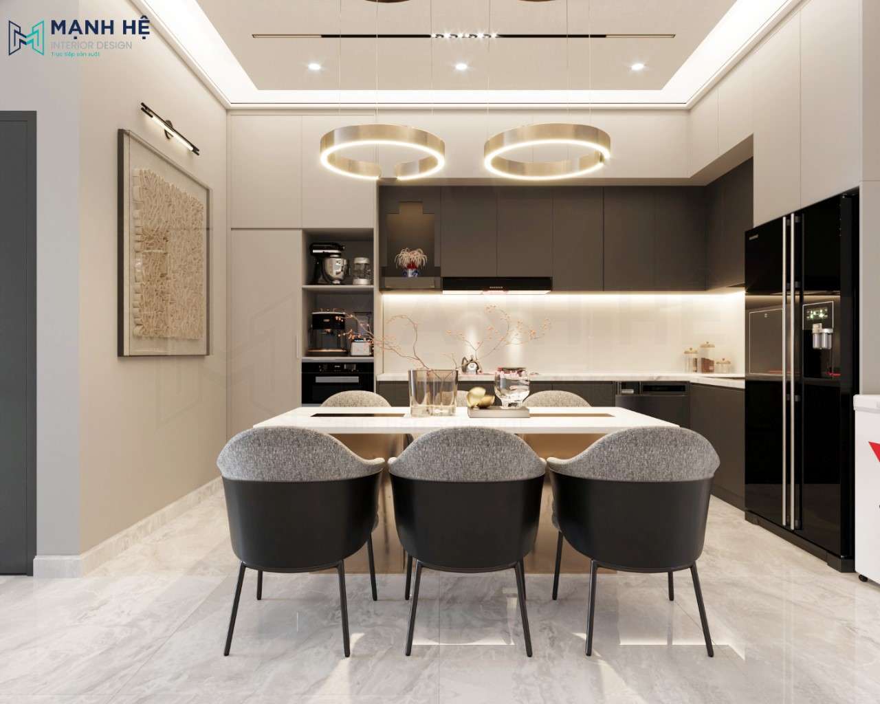 Phòng bếp nhà phố được trang bị bộ ăn mặt đá 6 ghế, trang trí thêm đèn thả cho không gian thêm sang trọng