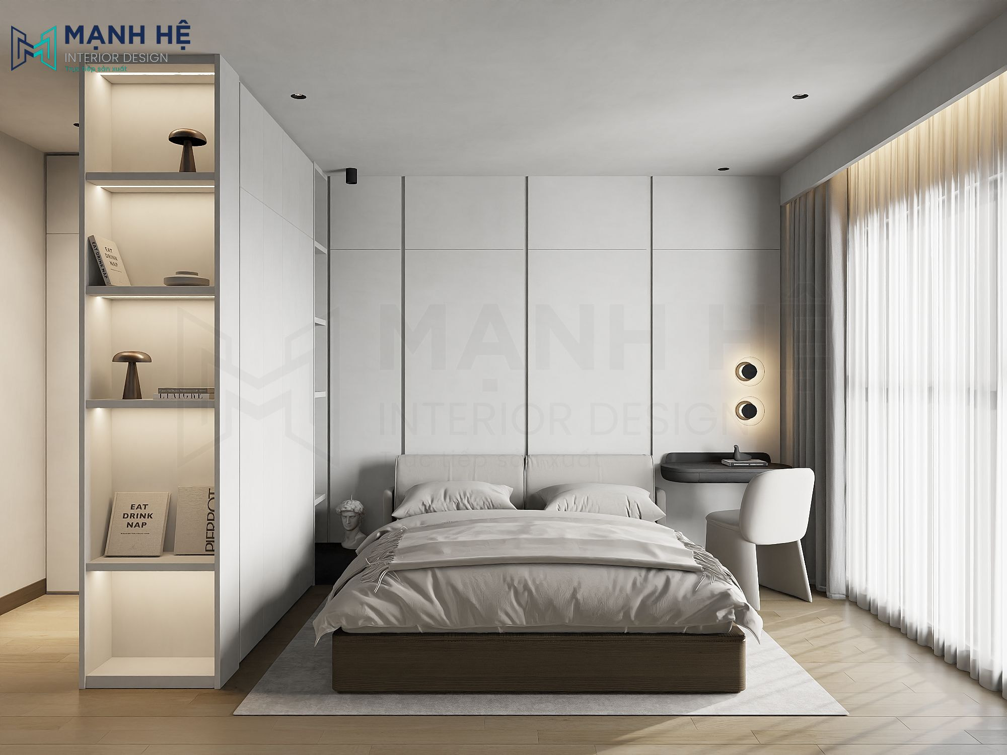 Phòng ngủ mang vẻ đẹp vô cùng thanh lịch với tone trắng chủ đạo