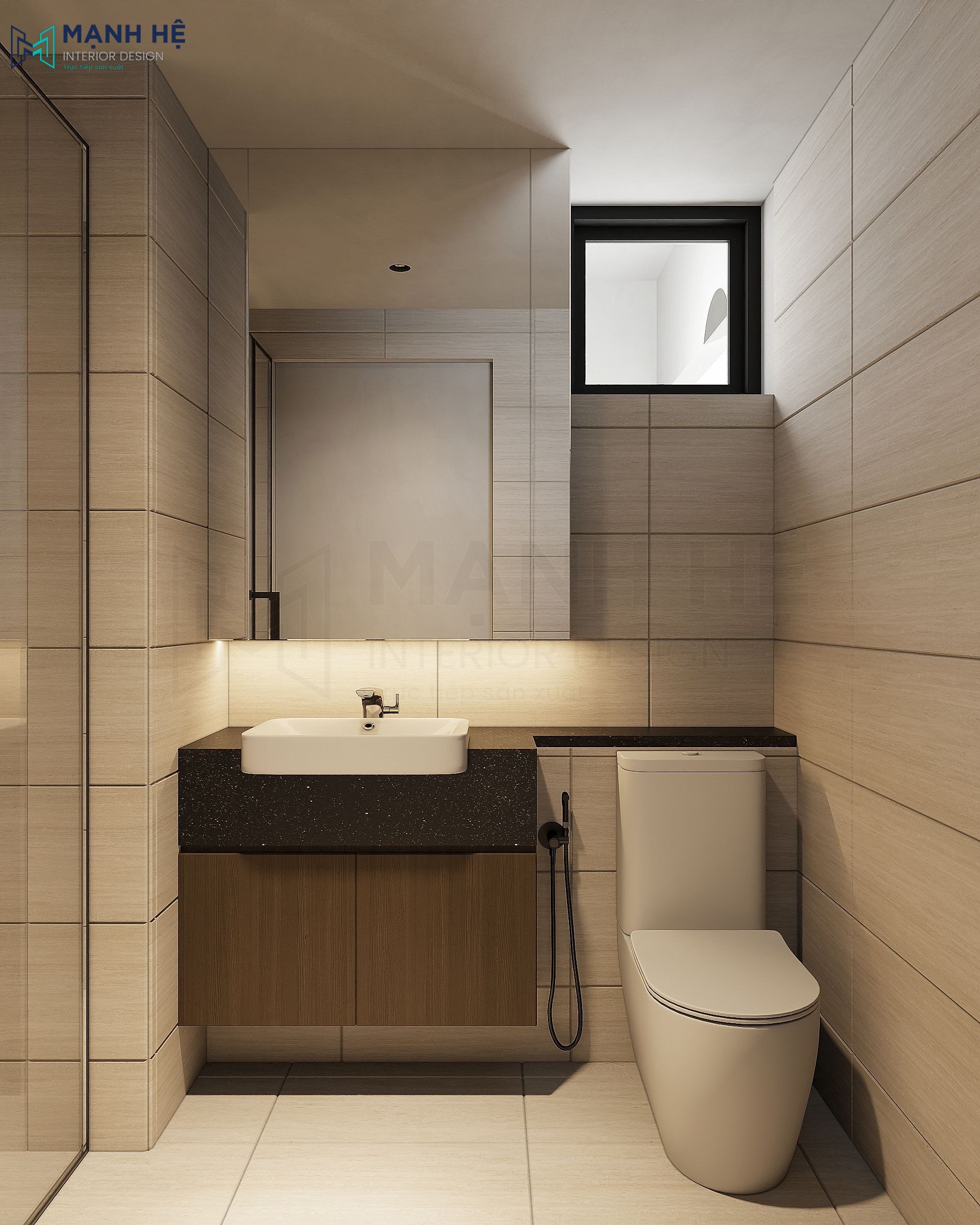 Bồn rửa mặt được ốp đá granite màu đen tạo nên sự sang trọng