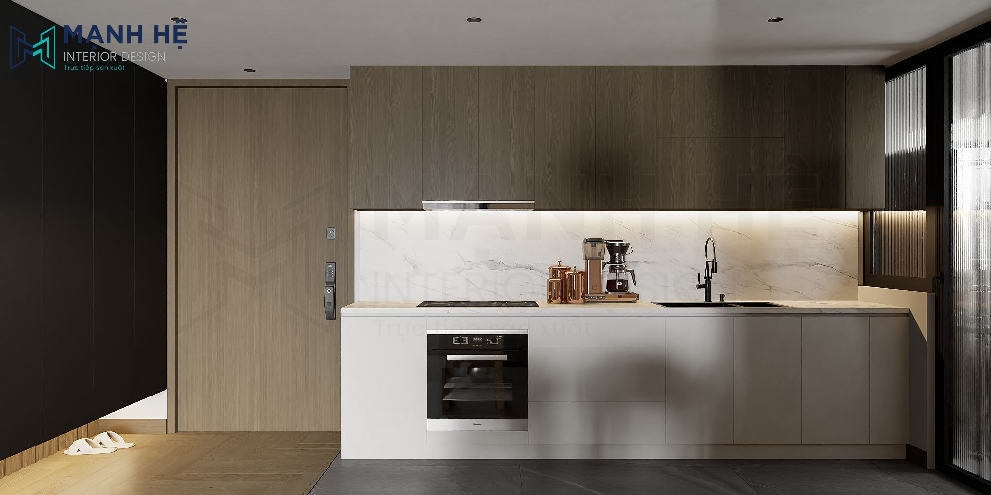 Vách bếp ốp đá marble giúp gia chủ dễ dàng lau dọn