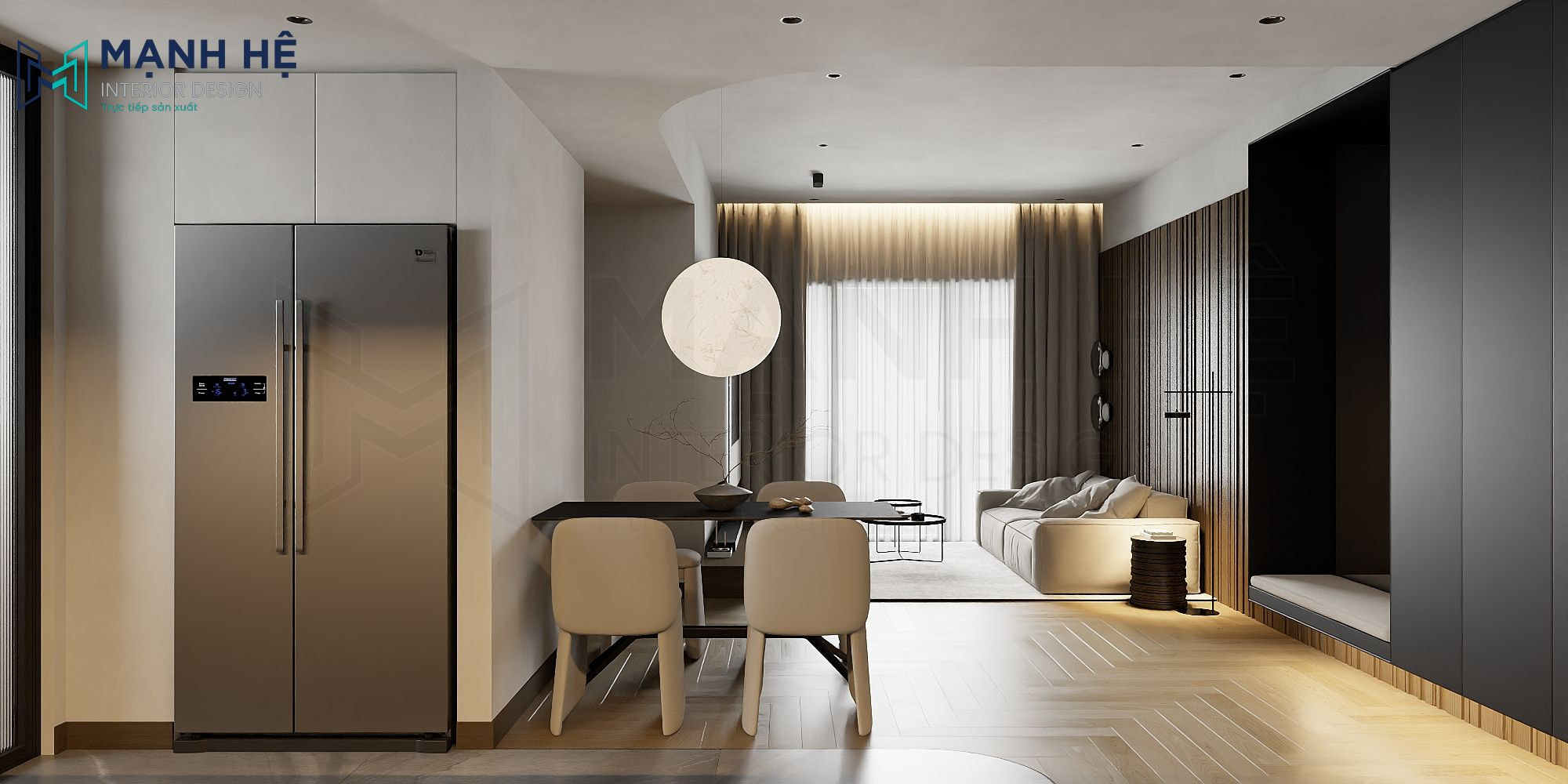 Điểm nhấn nằm ở chiếc đèn trang trí ngay trên bàn ăn