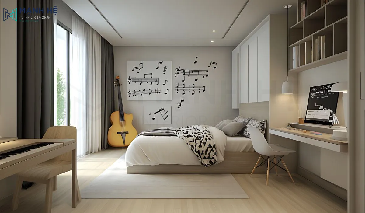 Căn phòng được tăng thêm tính thẩm mỹ với điểm nhấn decal hình nốt nhạc cạnh giường