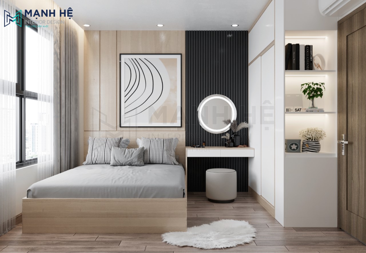Phòng ngủ màu kem trở nên đẹp mắt hơn với vách ốp màu đen đầy độc đáo
