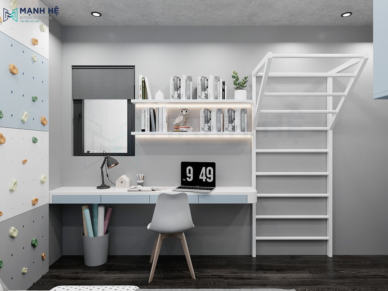 Khu vực bàn học được bố trí cạnh cửa sổ đảm bảo ánh sáng cho bé