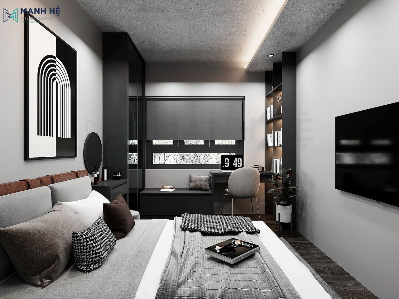 Khu vực làm việc được bố trí cạnh cửa sổ giúp tận dụng được ánh sáng tự nhiên