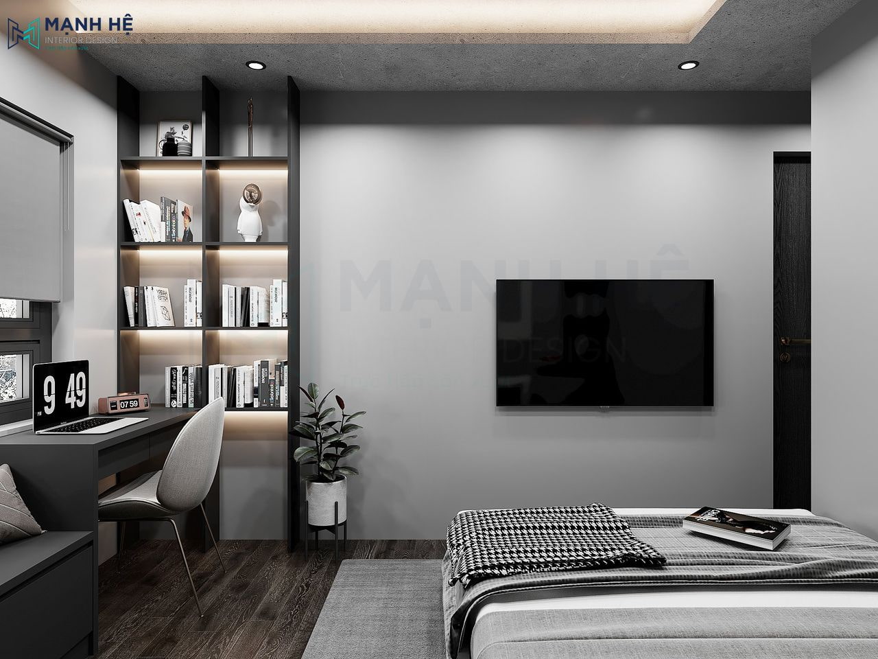 Thiết kế kệ đứng cạnh bàn làm việc giúp gia chủ có thêm diện tích lưu trữ