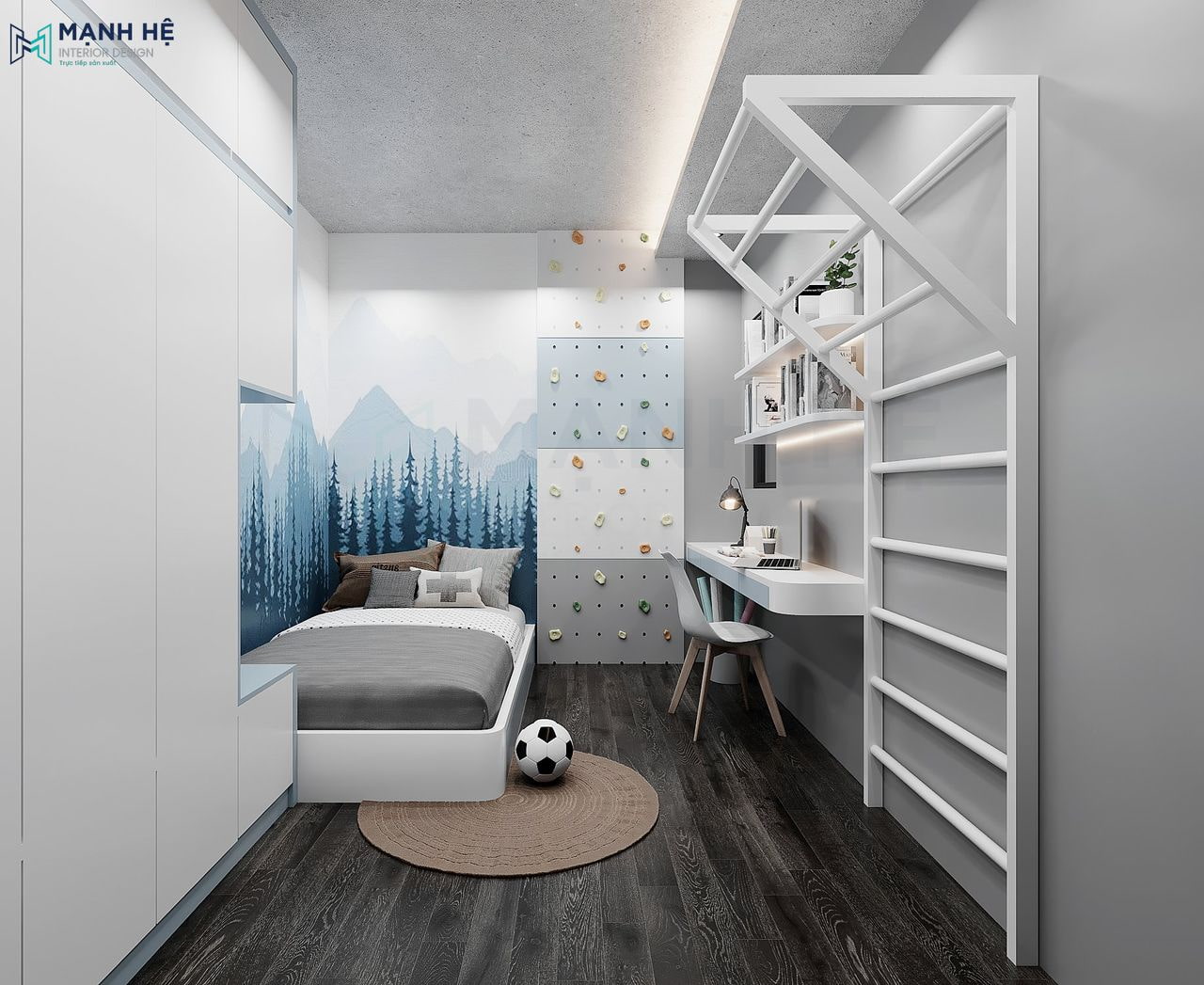 Phòng ngủ cho bé trai với tone xám, xanh đầy năng động và cá tính