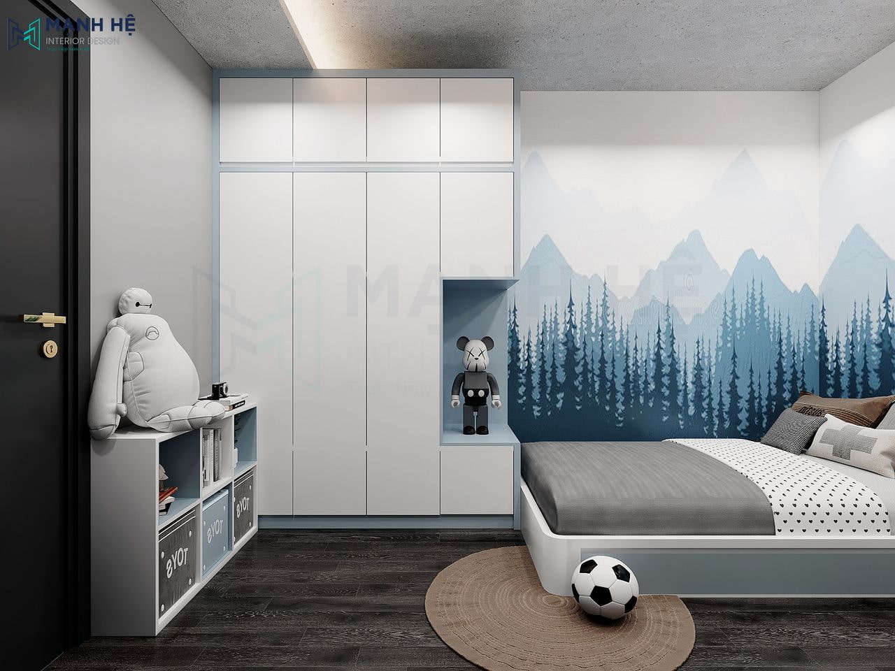 Giường ngủ được đặt cạnh tủ quần áo giúp tối ưu được không gian