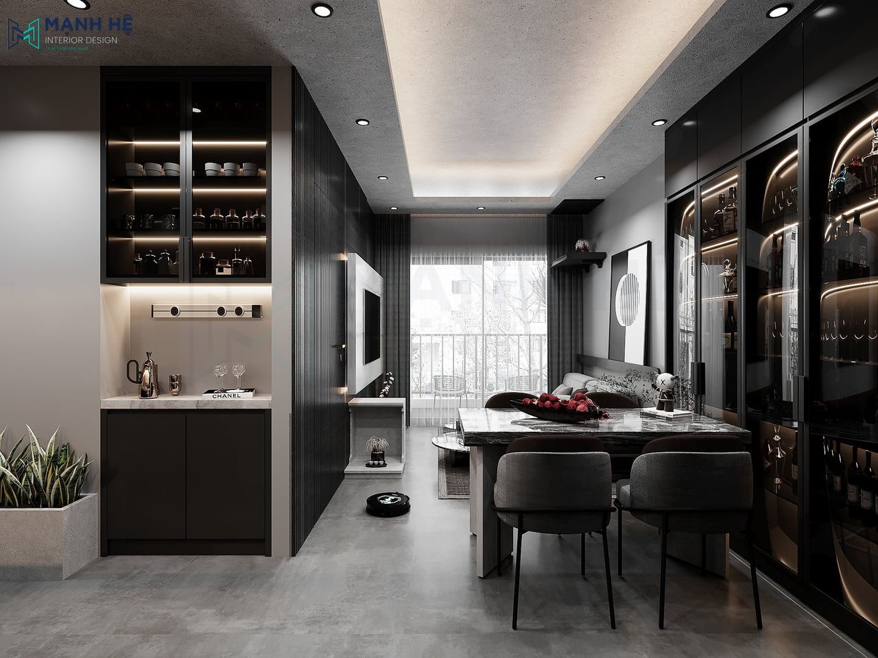 Phòng khách thông với phòng ăn để tối ưu diện tích
