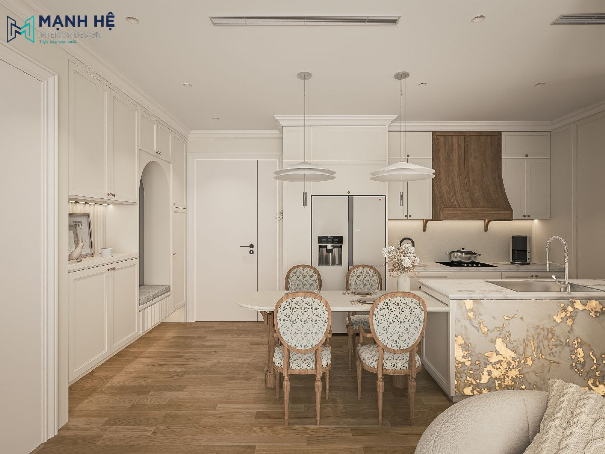 Khu bếp mang vẻ đẹp đầy tinh tế với gam màu trắng chủ đạo