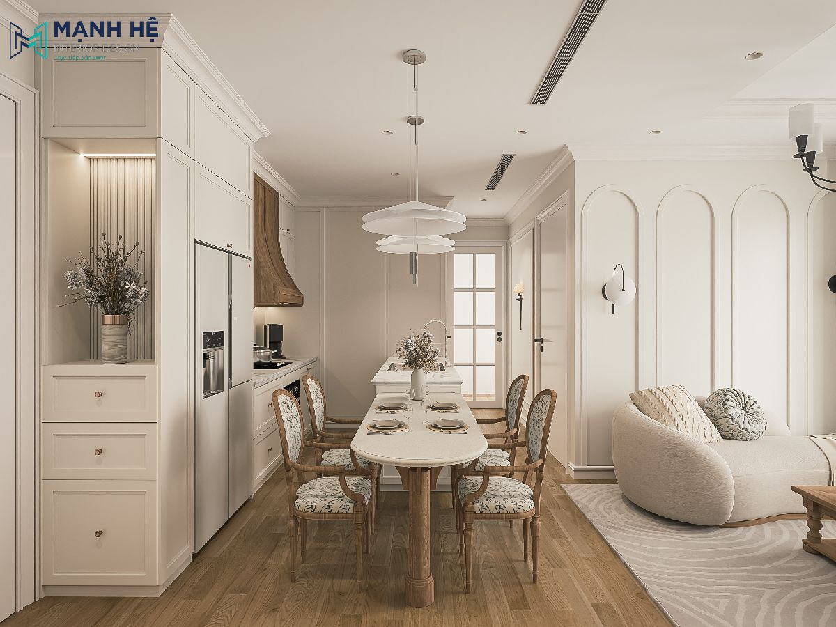 Chiếc đèn thả làm điểm nhấn được đặt ngay trên bàn ăn