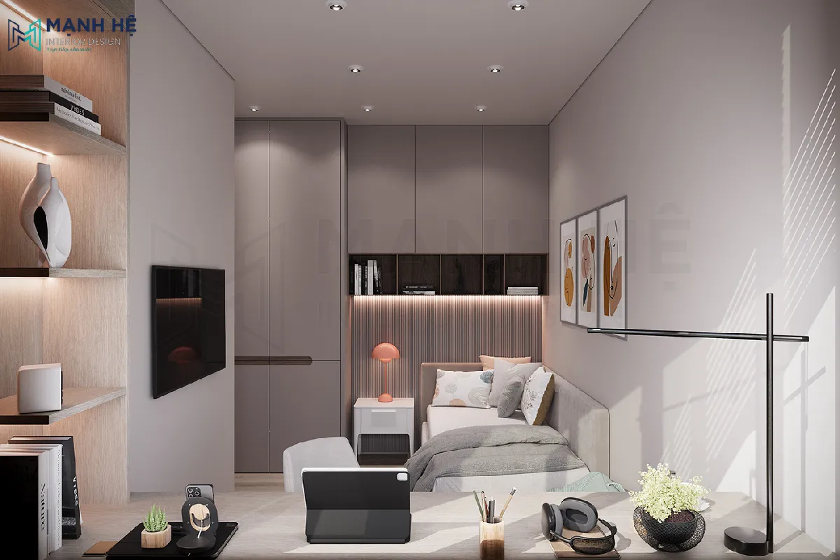 Phòng ngủ 7m2 hiện đại sử dụng gam màu trung tính dành cho nữ