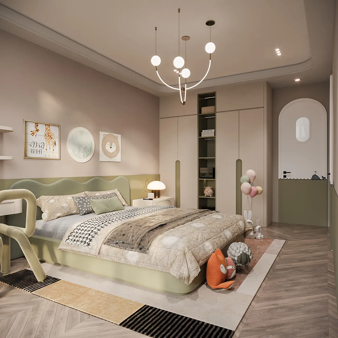 Thiết kế nội thất hiện đại cho phòng ngủ bé gái 15 tuổi với tủ quần áo kịch trần tông màu xanh - be dịu mắt