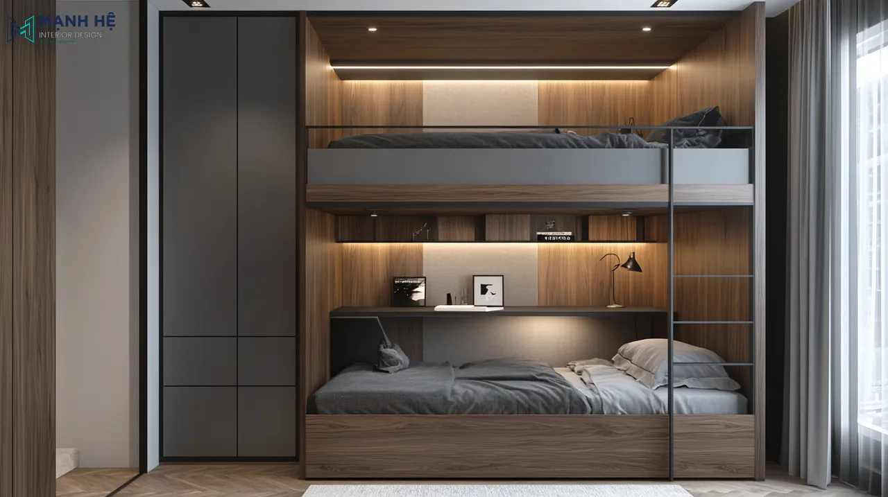 Thiết kế nội thất đa năng với giường tầng gỗ công nghiệp kết hợp tủ quần áo tiện nghi cho phòng ngủ