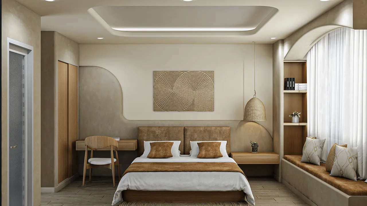 Sự hòa quyện hài hòa giữa gỗ, đá và gam màu sơn hiệu ứng trong phòng ngủ Wabi - Sabi mang lại cảm giác thư giãn