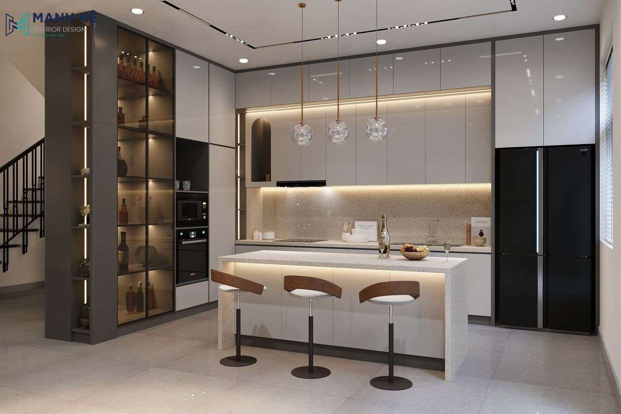 Không gian phòng bếp sang trọng và tinh tế nhờ gam cùng với các thiết bị nấu nướng hiện đại