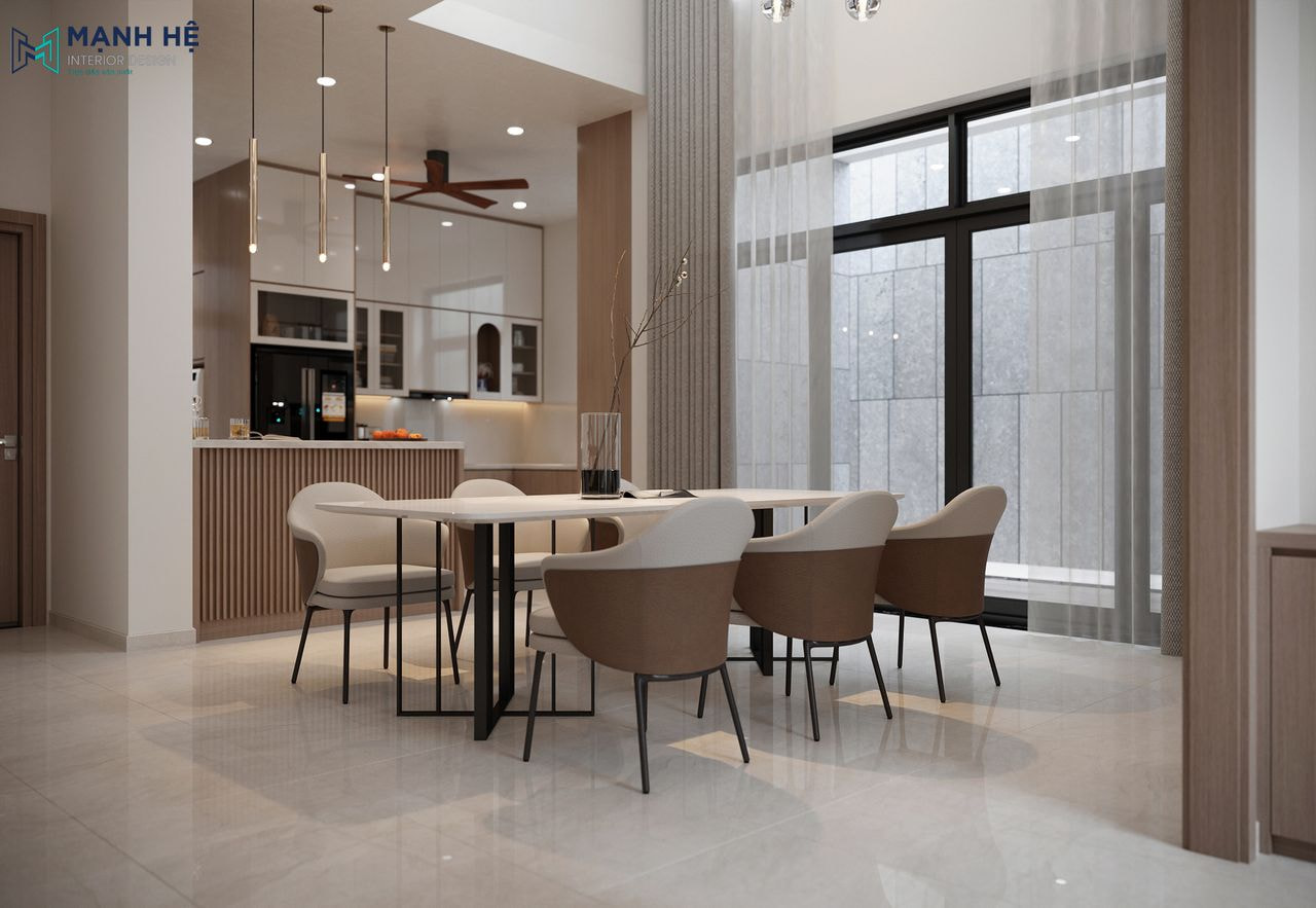 Thiết kế phòng bếp sang trọng với tông màu trắng thanh lịch kết hợp cùng các món đồ nội thất gỗ hiện đại