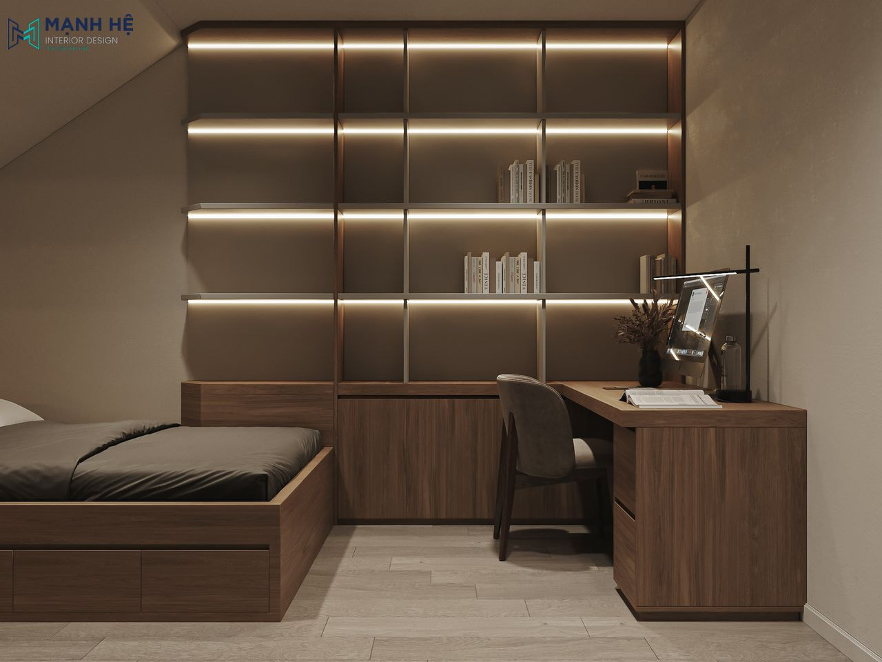 Sử dụng kệ lớn đụng trần tích hợp với bàn làm việc để tối ưu diện tích cho không gian phòng ngủ, thiết kế hệ thống đèn led từng ngăn tủ để tạo sáng cho không gian làm việc.