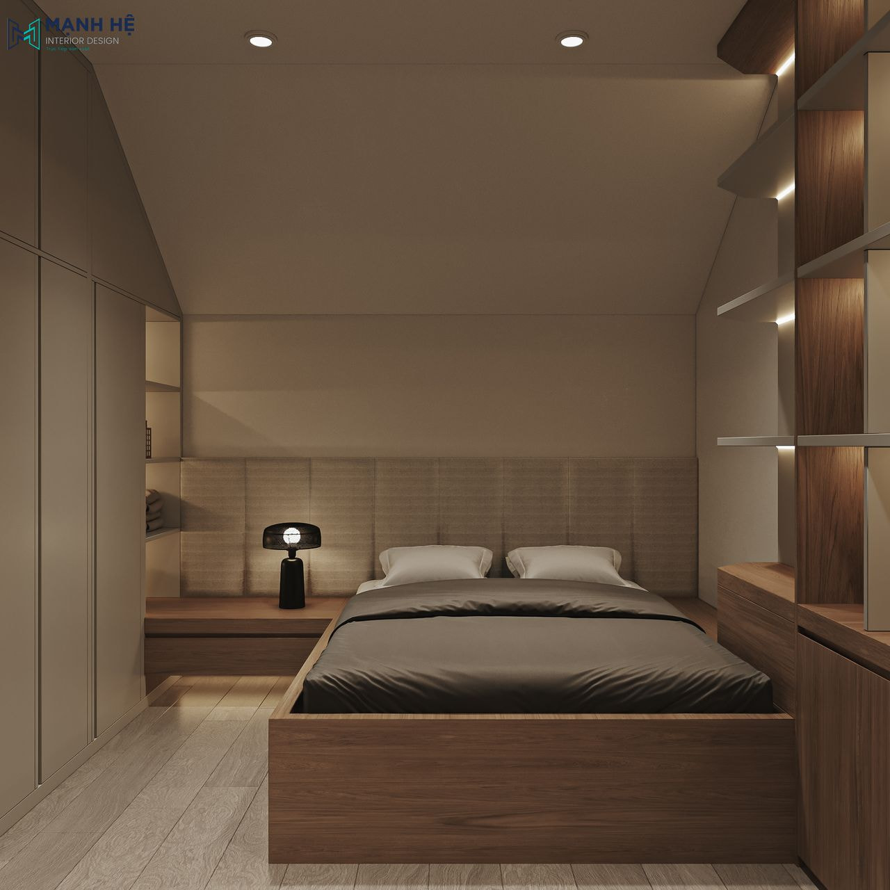 Phòng ngủ nhỏ được sử dụng nội thất thông minh như tủ quần áo, kệ bục giường để tiết kiệm diện tích cho không gian, kết hợp gam màu trung tính ấm áp.
