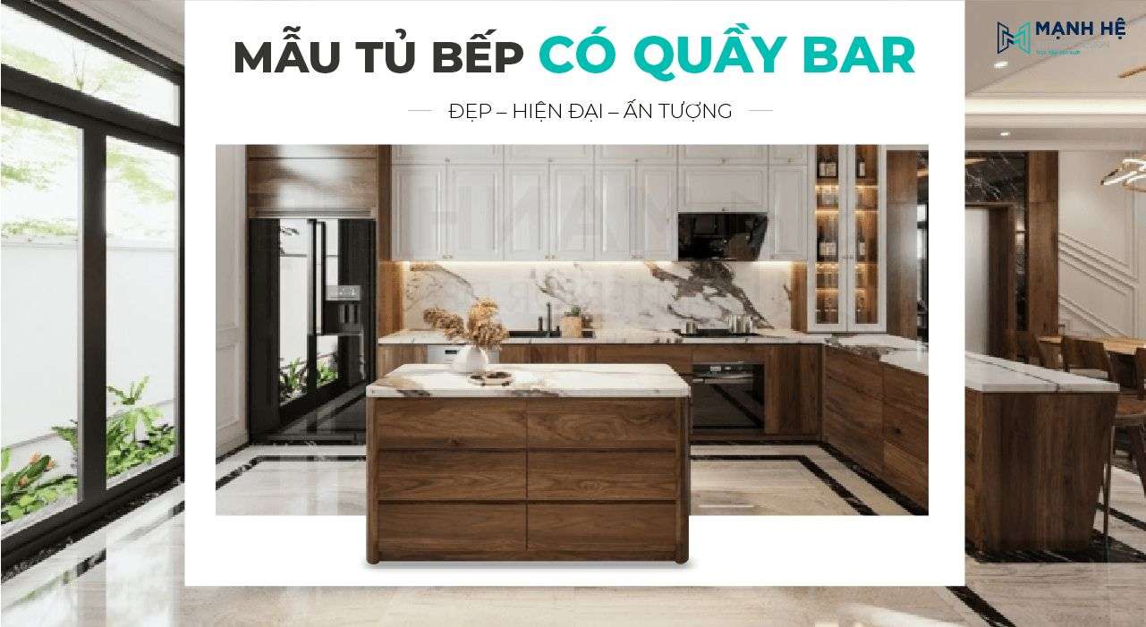 Mẫu tủ bếp có quầy bar mini ốp đá nhân tạo đẹp hiện đại, sang trọng