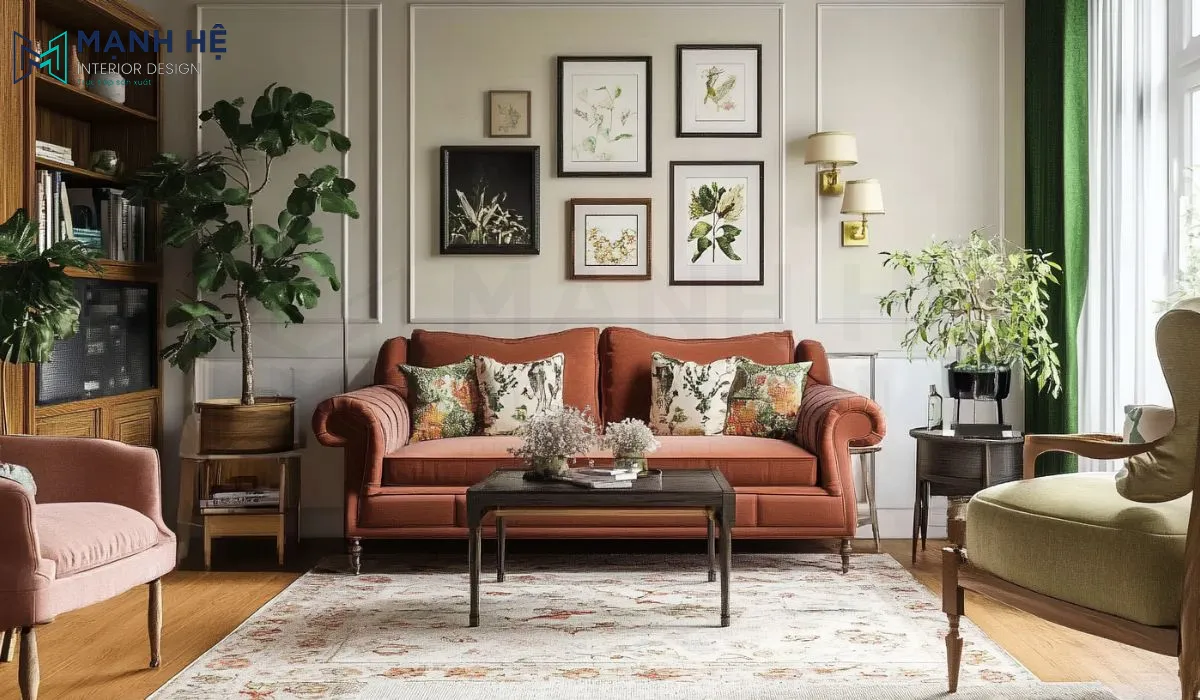 Decor phòng khách theo đúng chuẩn phong cách vintage cùng với nội thất gỗ nâng tầm thêm vẻ ấm cúng cho căn phòng