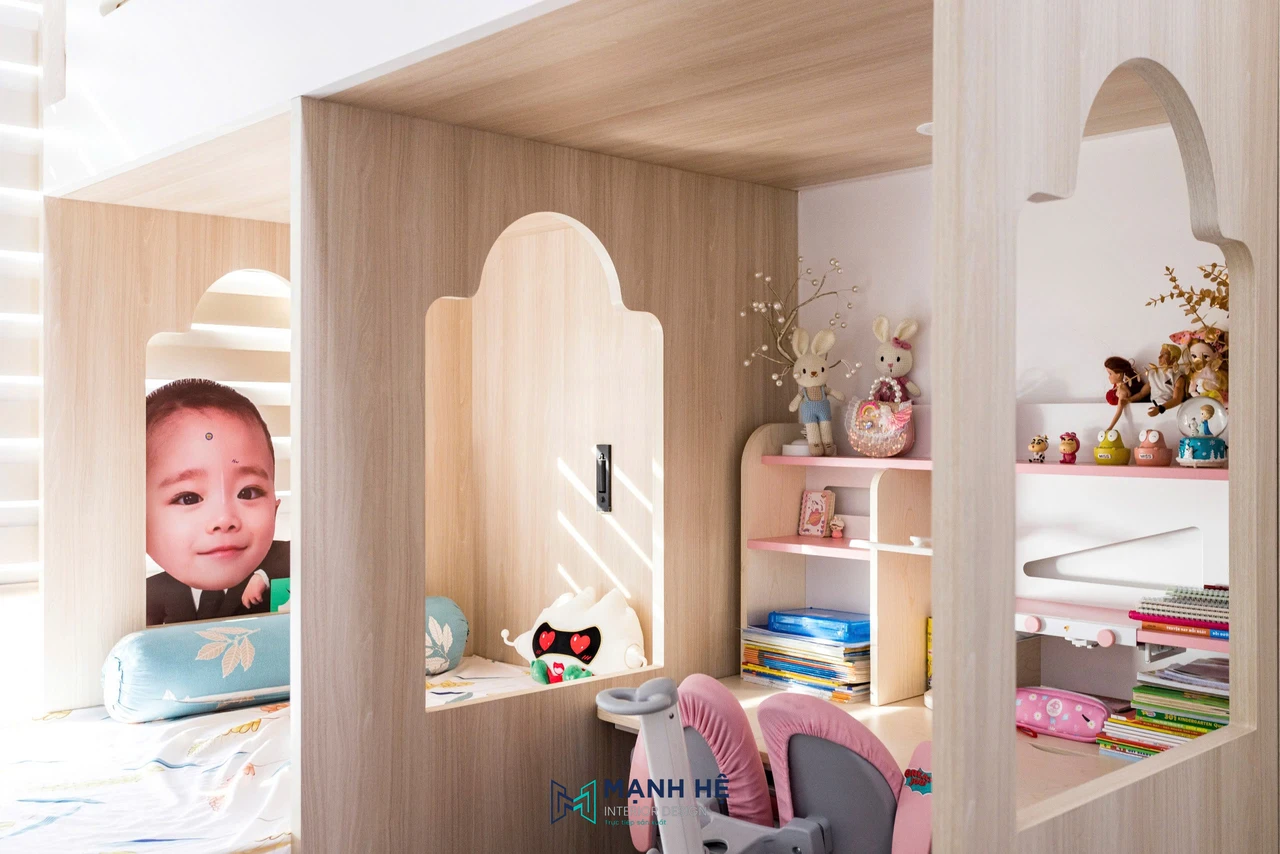 Nội thất phòng ngủ bé thi công bằng gỗ công nghiệp phủ Melamine sáng màu hiện đại